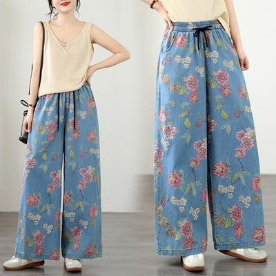 DIMANAF 2026 Summer New Plus Size Women Jeans Print Floral Prink Elastic Waist Long Pants Loose Casual Denim Cotton Trousers Pants