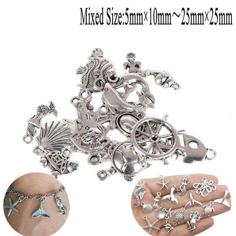 50 Tibetan Silver Mixed Seahorse Shell Starfish Turtle Ocean Charms Pendant and 100pcs Flower Beads Caps Jewelry DIY Accessories