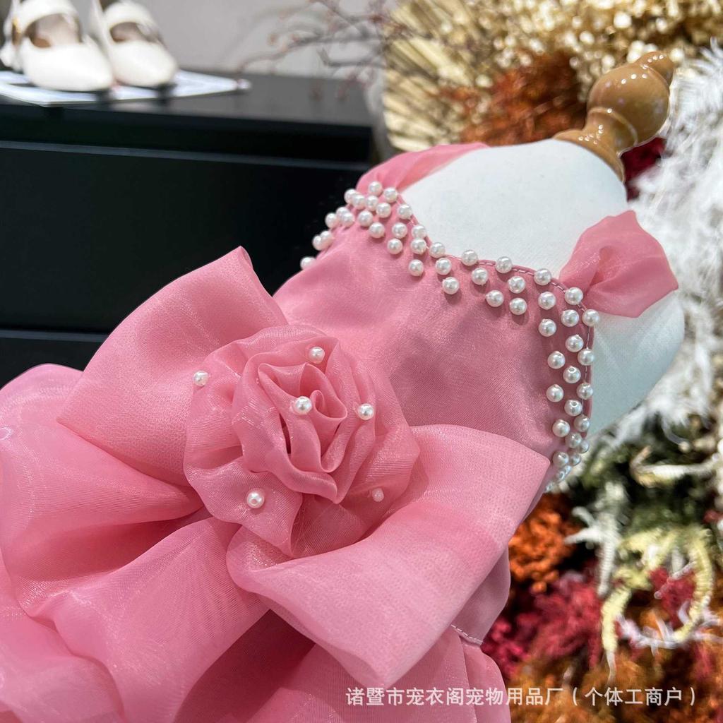 Handmade Pet Wedding Dress Floral Rose Pearl Embellished Puppy Formal Dress Teddy Bichon French Bulldog Bridal Party Dress