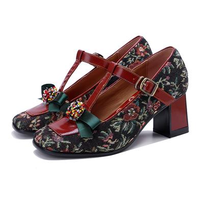 Handmade Pumps Retro Bow High Heels Genuine Leather Patchwork Jacquard Fabric Elegant Women's Shoes