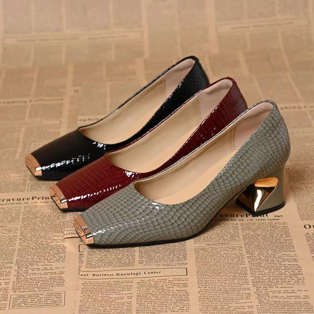 women cute black round toe high quality patent leather spring slip on square heel shoes lady casual grey pumps ab627