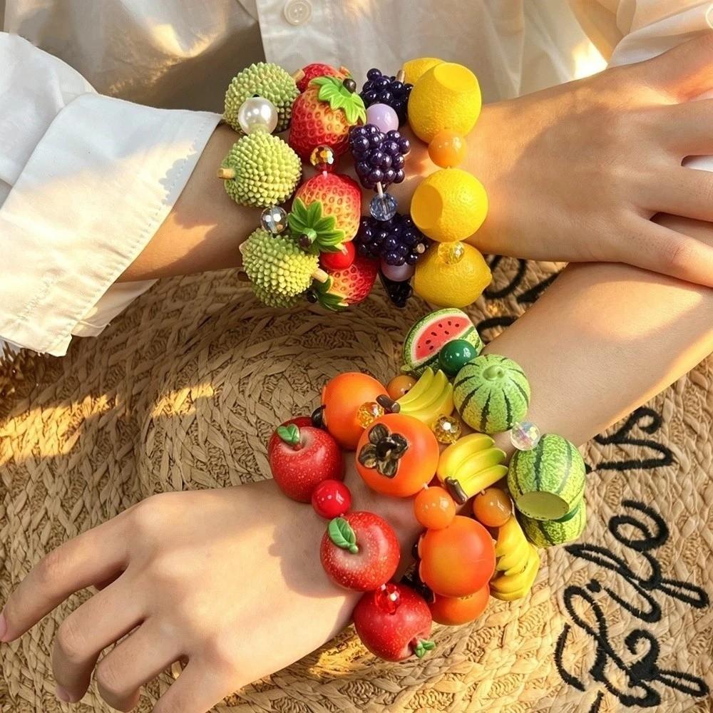 Colorful 3D Fruit Elastic Bangle Resin Exaggerated Bracelet Unique Beaded Bracelet  Women