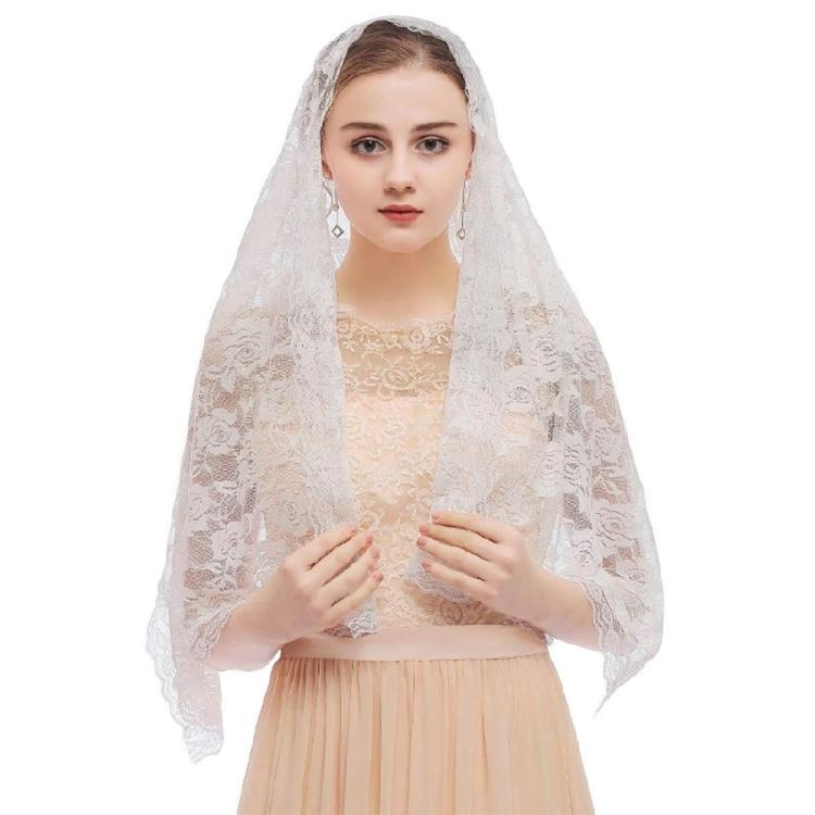 Woman Floral Veil Lace Trim Scarfs Veil Large Shawl Headwear Mantilla