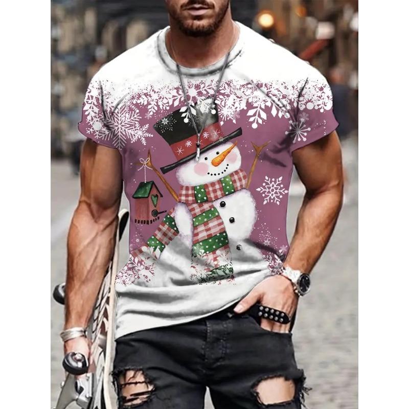 Funny Men's T-Shirts Santa Claus Christmas Oversized Short Sleeve with Snowflakes Print Red Casual O-Neck Outfit Men Clothing