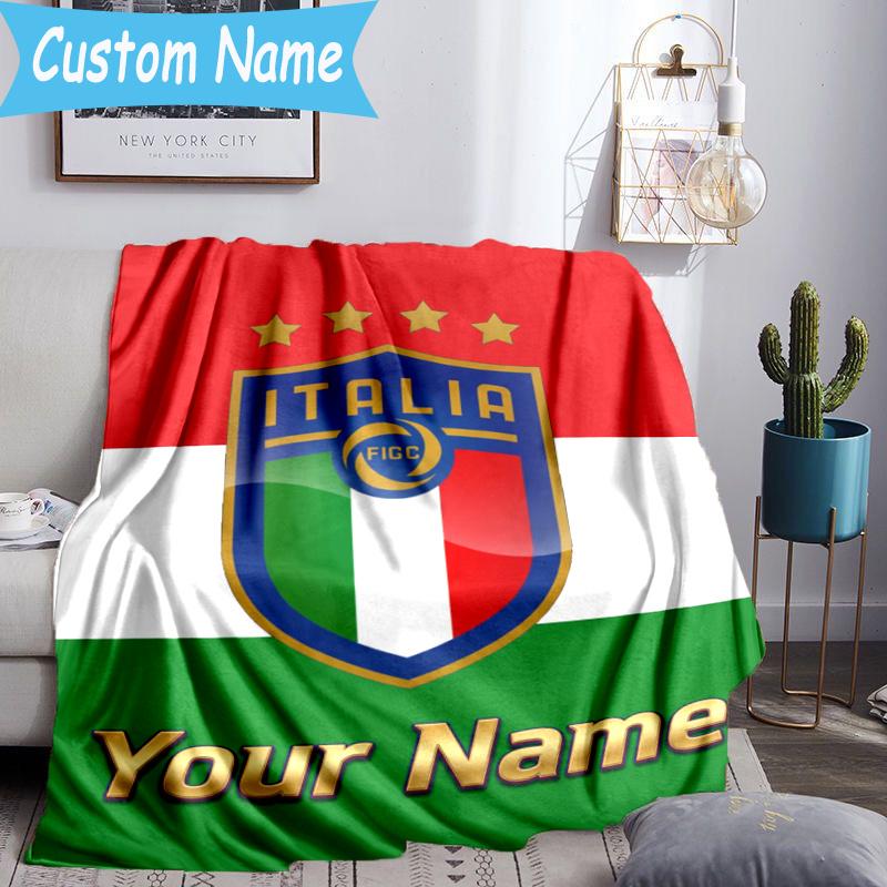 Custom Name Italy Football Crest Blanket Flannel Blanket for Camping, Hiking, Garden Parties, Picnic Essentials,gift for family and friend