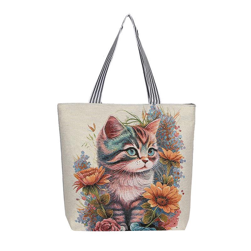 Cartoon Canvas Tote Bag Large Capacity Embroidered Floral For Casual Travel