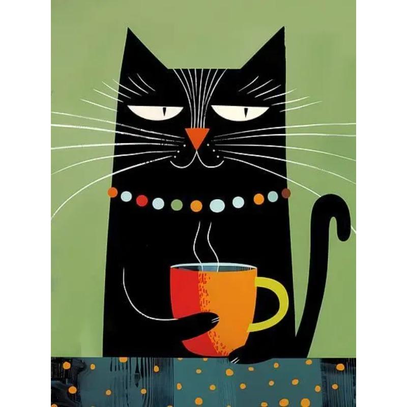 Whimsical Black Cat Drink Coffee Poster For Bedroom Nursery Cartoon Animal Canvas Painting Cute Cat Illustration Print Wall Art
