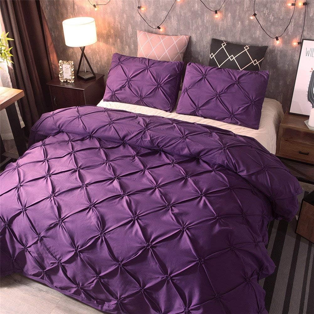 Feelyou Raffung Bettbezug Set King Size Lila Pinch Pleat Bettbezug Tuft-Design Bettwäsche Set Reißverschluss Weiches Polyester Bettdeckenbezug mit