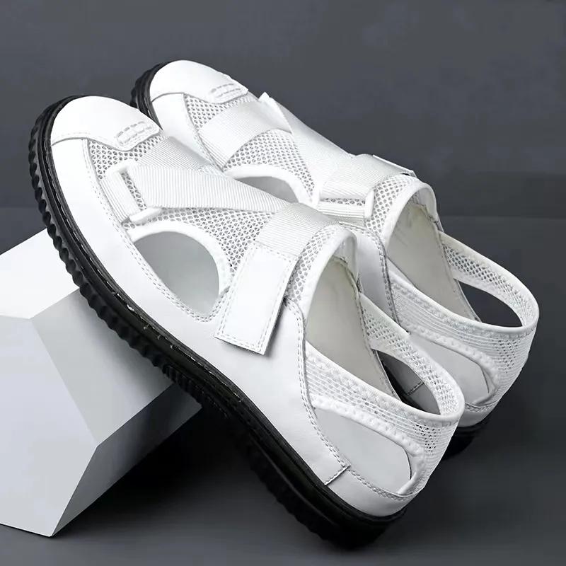 

Сандалии, летняя мужская качественная обувь, кожаные мужские сандалии, удобные тапочки без шнуровки 39 белый