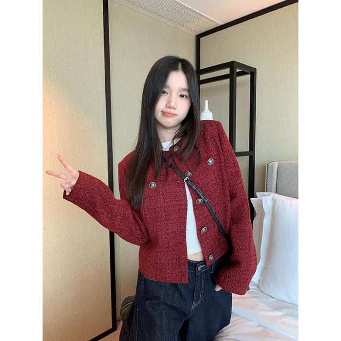 

navy blue retro loose long-sleeved top casual temperament trendy short small fragrant wind cardigan jacket women XL