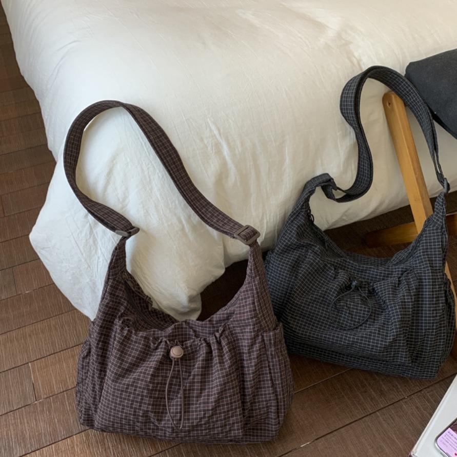 Składana torebka damska z regulowanym paskiem crossbody/na ramię i plisowanym designem z wieloma kieszeniami - Szkolna torba na książki w kratkę i paski