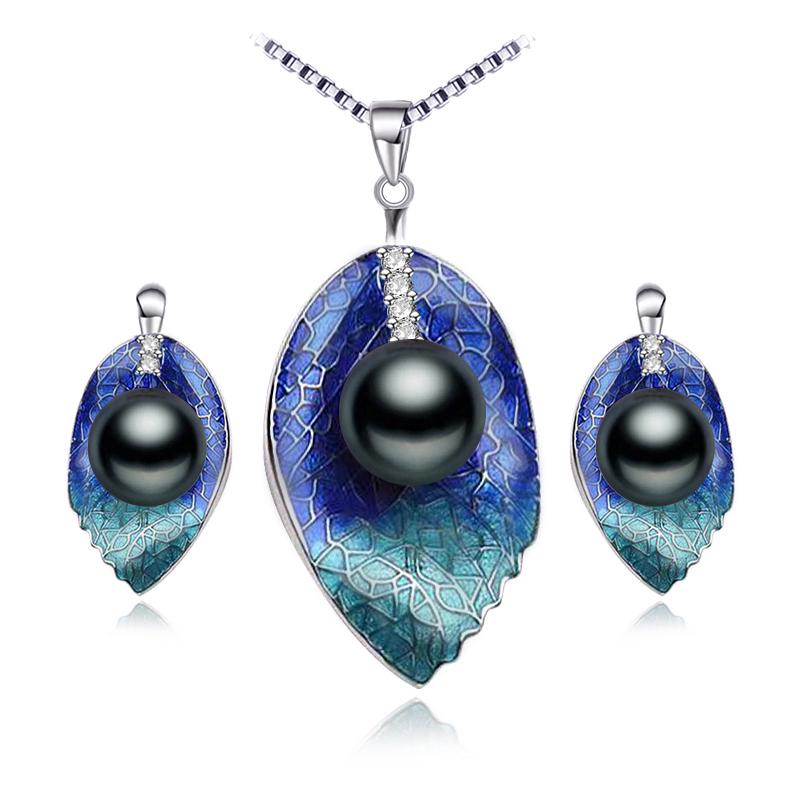 LSOOYH Cloisonne Natural Freshwater Pearl Earrings Fashion Leaf Necklace For Women Pearl Jewelry Set