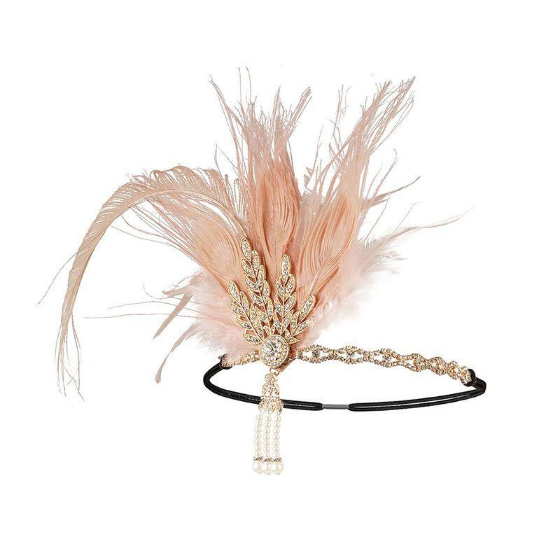 

1920S European and American Retro Rhinestone Feather Tassel Hair Band Masquerade Party Gatsby Headdress Set Bride White Champagne Headband