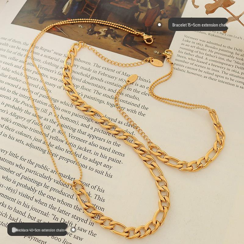 18K Gold Plated Bead Patchwork Necklace & Bracelet Set in Titanium Steel, European & American Fashion.