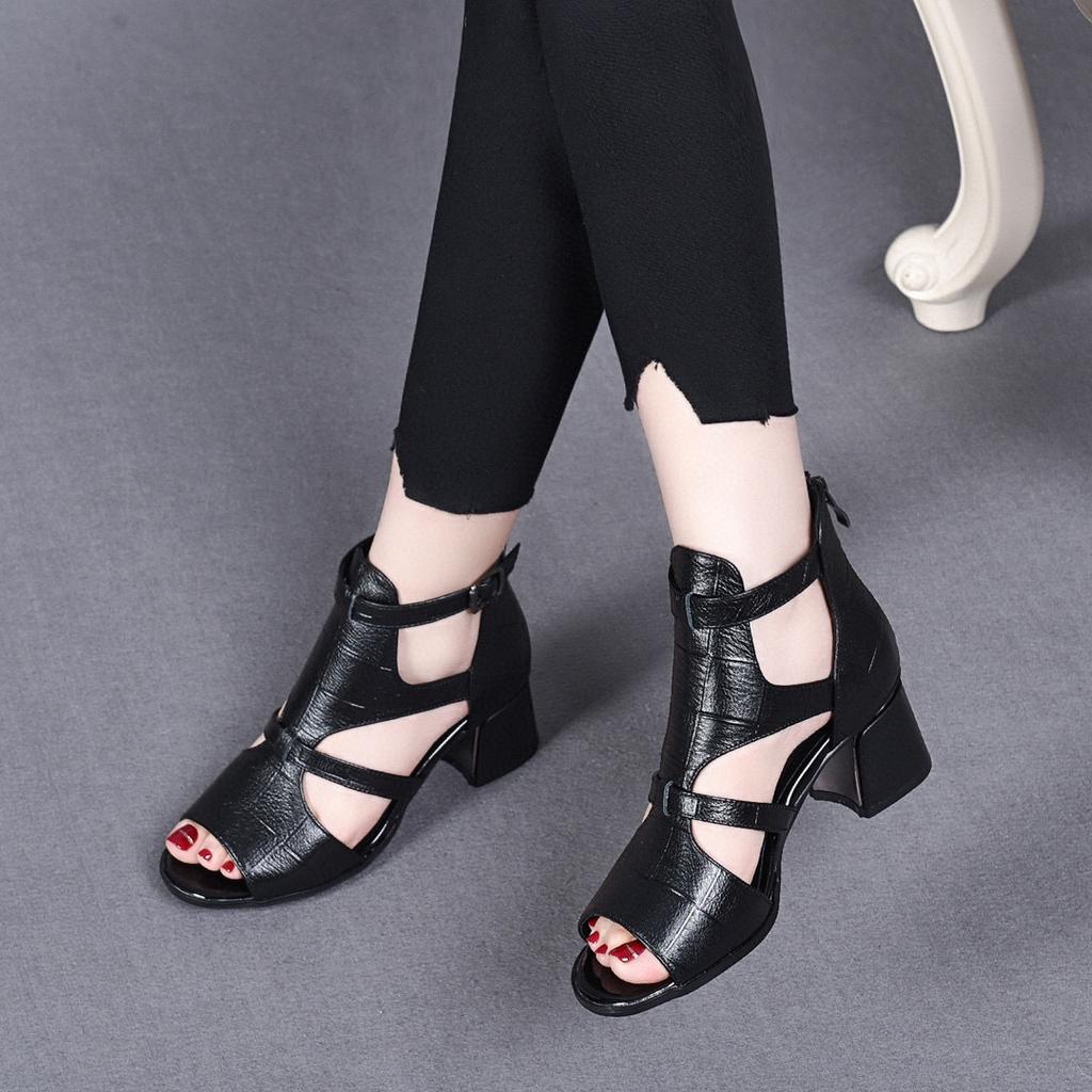 High-heeled Sandals Women's Summer First-layer Cowhide Fish Mouth Thick-heeled Fashion Shoes Rear Zipper Cold Boots
