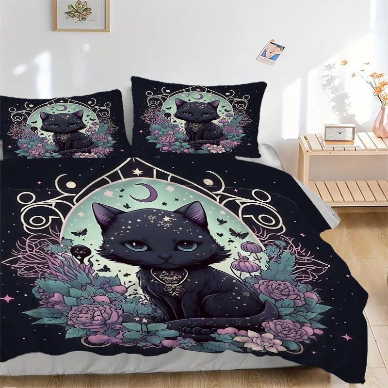 3pcs Witchy Cat Bedding Set, Including 1 Quilt Cover and 2 Pillow Shams, Without Filling, Soft and Comfortable Home Bedroom Fabric, Fashiona