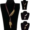 Bohemian Women Rhinestone Feather Pendant Faux Leather Rope Necklace Jewelry