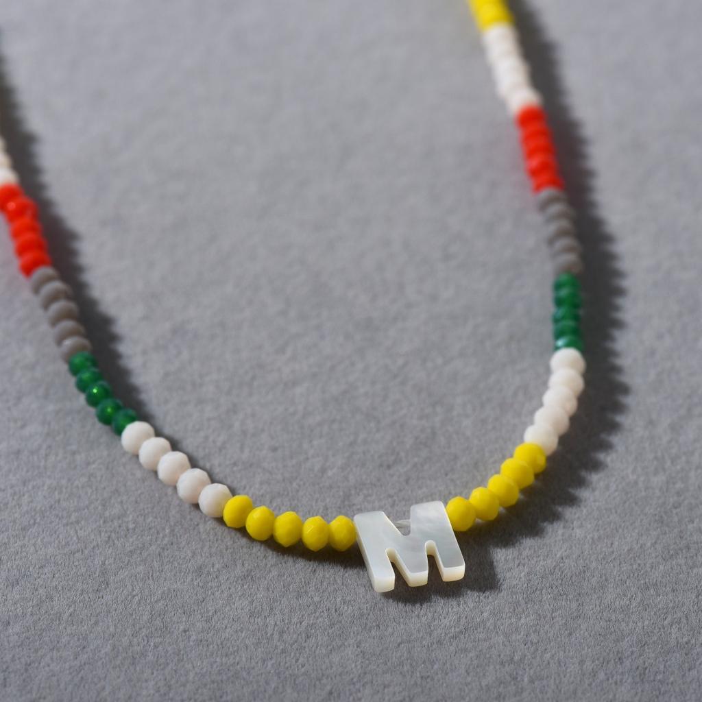 Wind Bohemian Stained Glass Millet Beads Handmade Beaded Letter Pendant Collarbone Chain Trend Necklace Female