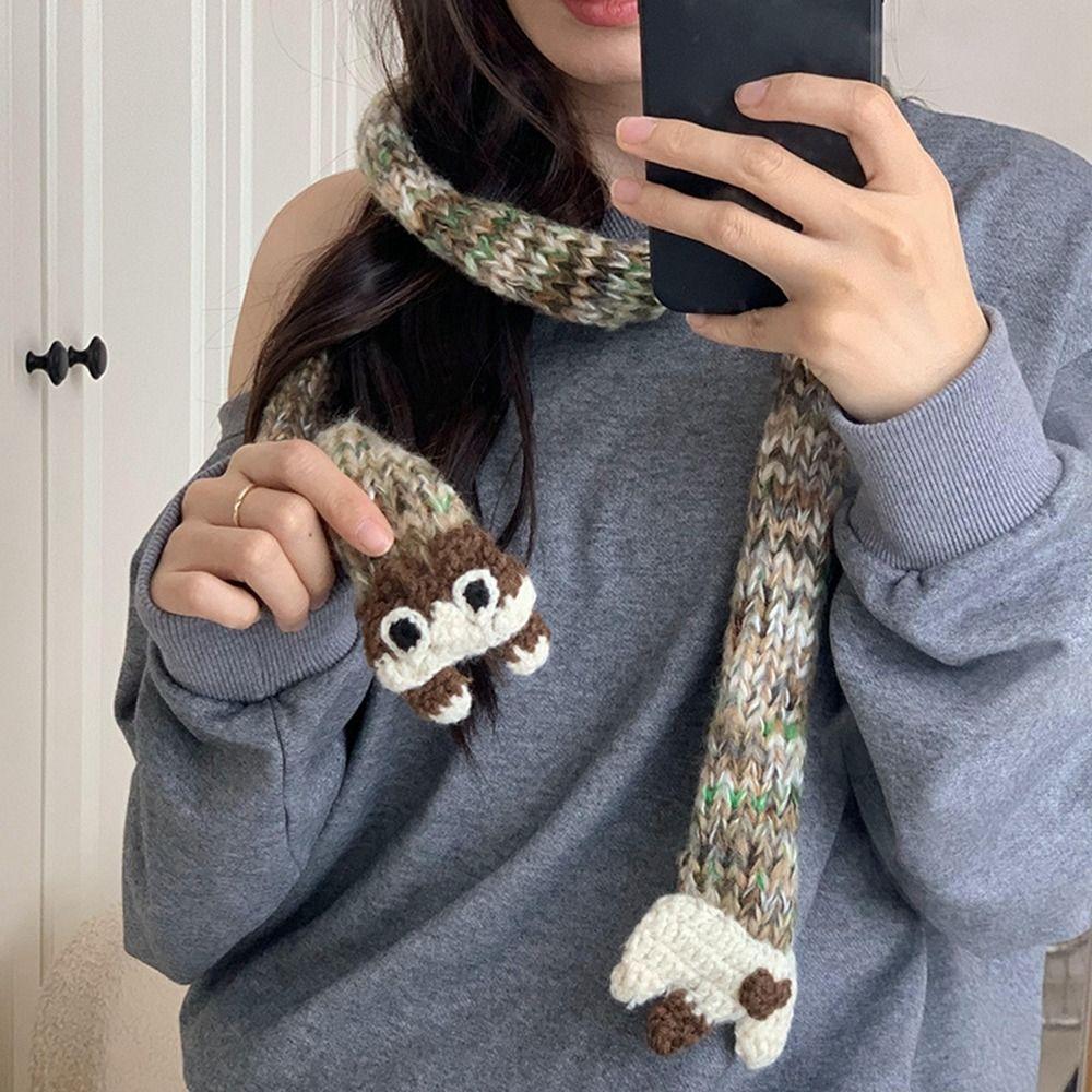 Animals Y2K Knitted Scarf Cartoon Squirrel Shawl Punk Long Narrow Scarves Outdoor