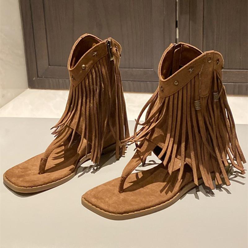 Fashion Metal Rivet Zipper Women Flip-flops Fashion Fringe Flat Designer Sandals Summer Simple Comfortable Non-slip Women Roman Shoes