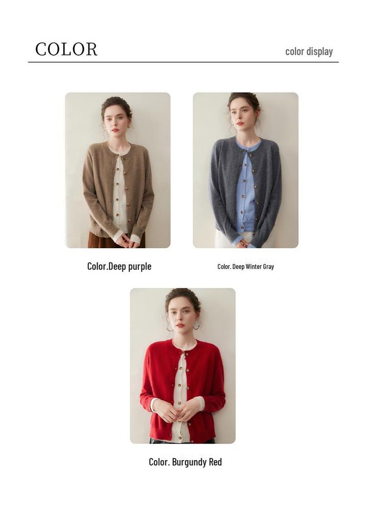 Autumn/Winter Women's Round Neck Color Block Cashmere Knit Cardigan - Single-Breasted Loose Fit Sweater
