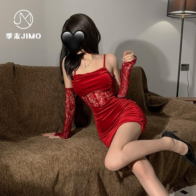 Sex Underwear Red Velvet Rose * Sexy Lace Splicing Hip Wrap Empty Suspender Skirt Plus Size