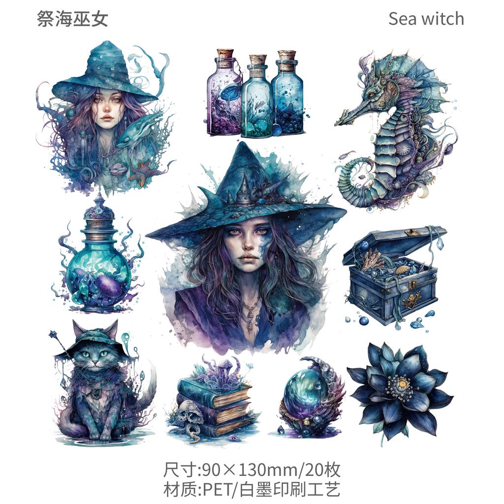 20 Pcs Vintage Gothic Witch Themed PET Stickers Wrapped with Handbill Material Decorative Collage Junk Journal Supplies