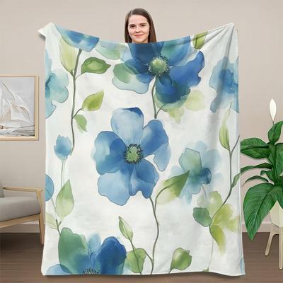 1 Piece of Elegant Blue Floral Pattern Blanket, Polyester Fabric, Machine Washable, Suitable for Bedroom Living Room Decoration