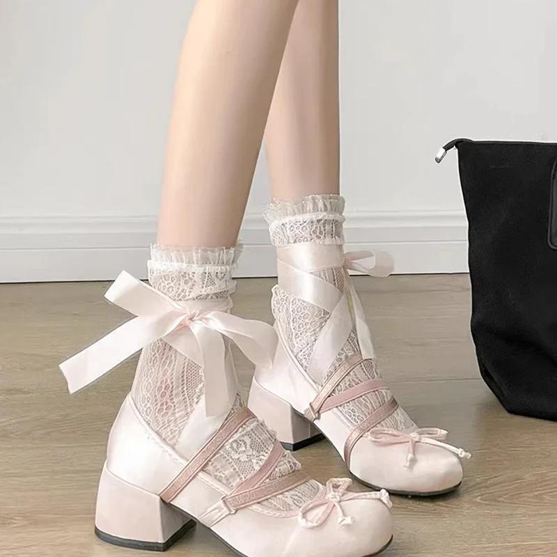Mode Lolita Damenschuhe Kreuzriemen Rosa Schuhe mit runder Spitze Damen Süße Schmetterlingsknoten Mittelhohe Absätze Mary Janes Schuhe Damen Modeschuh