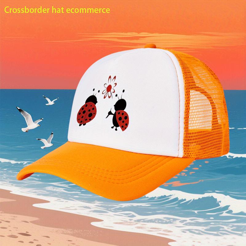Charming Ladybug Cartoon Mesh Trucker Hat Breathable Polyester Blend Casual Baseball Cap Adjustable Sun Hat