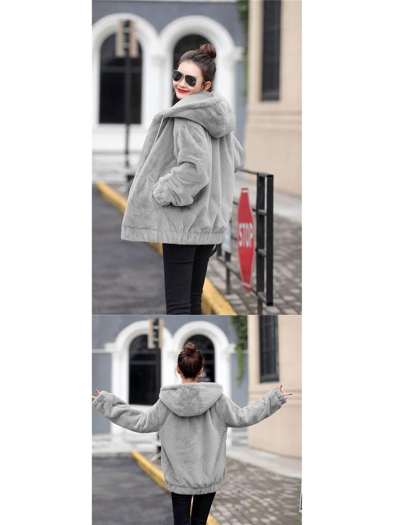 Chaqueta de Franela con Capucha de Largo Medio para Mujer - Estilo Coreano, Corte Holgado, Felpa, Cálida, Manga Larga