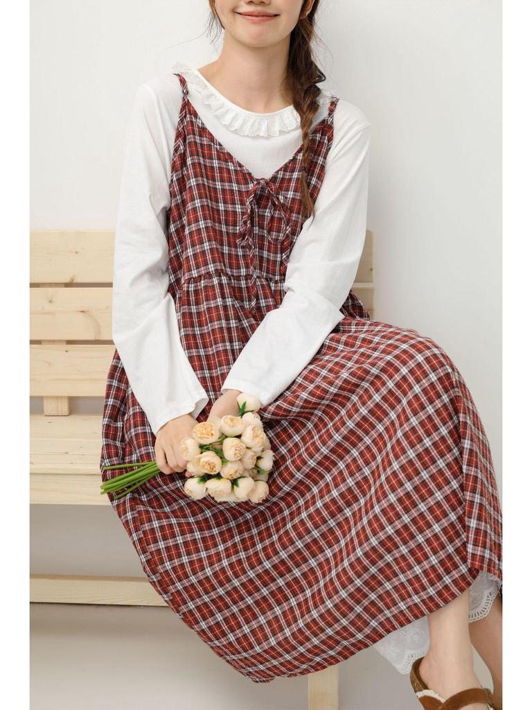 2026 Spring/Summer Mori Girl Lace-up Plaid Maxi Dress - Versatile Layered Camisole Skirt