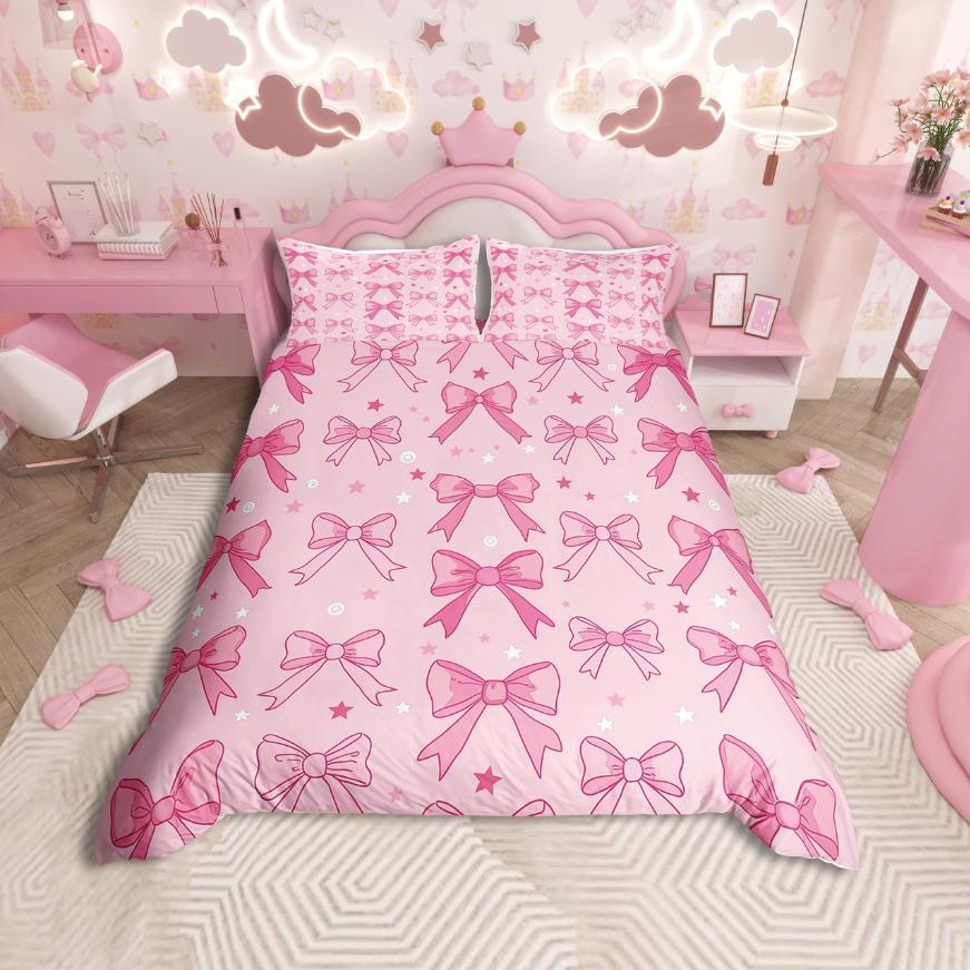 Homewish Cute Bowknot Duvet Cover SetLove Heart Print For Teens Bedding SetDreamy Princess Decor