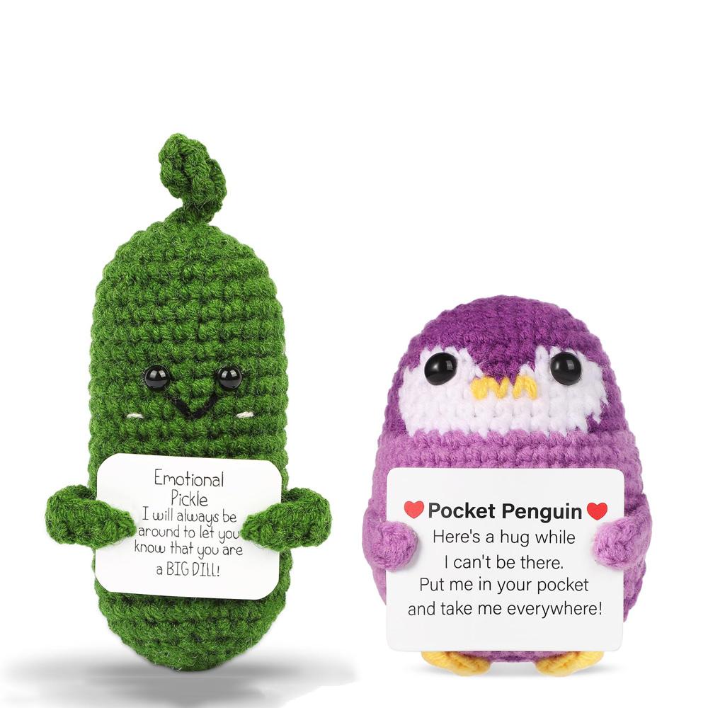 Handmade Emotional Support Pickle Crochet Funny Sour Cucumber Knitted Pickle with Positive Card Cheer up Gift Crochet Home Decor