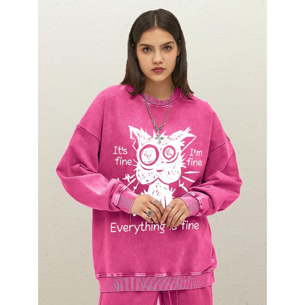 Everything Is Fine Funny Dog Printed Woman Washed Sweatshirt Cotton Oversize Streetwear Fashion Vintage Sportswear Tops