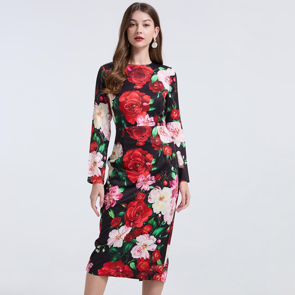 Spring Summer Women Designer Vintage Print Rose Office Work Slim Bodycon Pencil Dresses