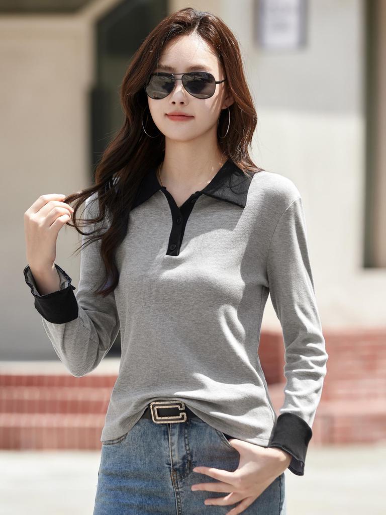 Women's Color-Block Long-Sleeve Polo Shirt with Turn-Down Collar (2025 Autumn/Winter Collection)