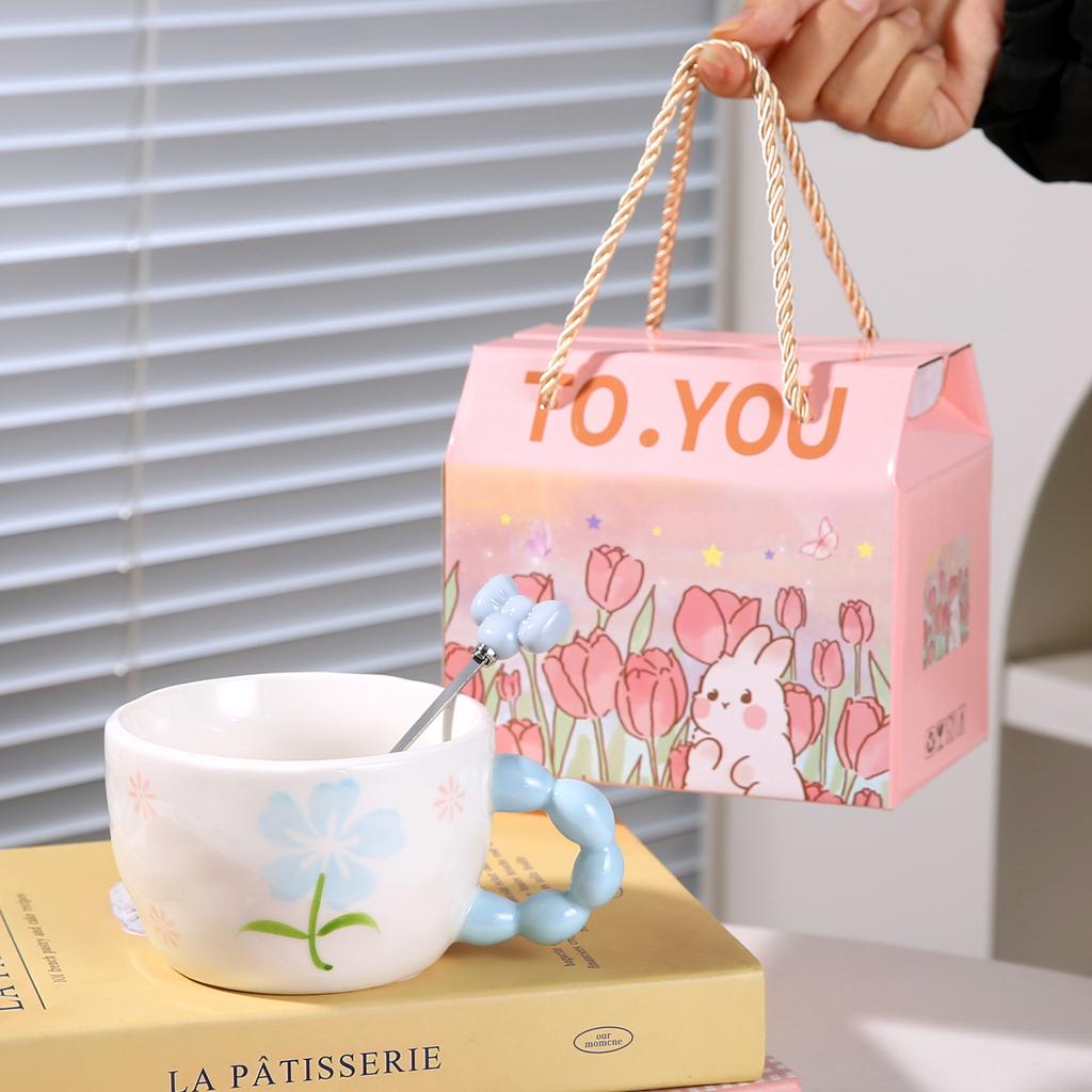 Kreative Frühstückstasse Handbemalte Blumen Keramiktasse mit Löffelset Müslischale Becher Ins-Stil