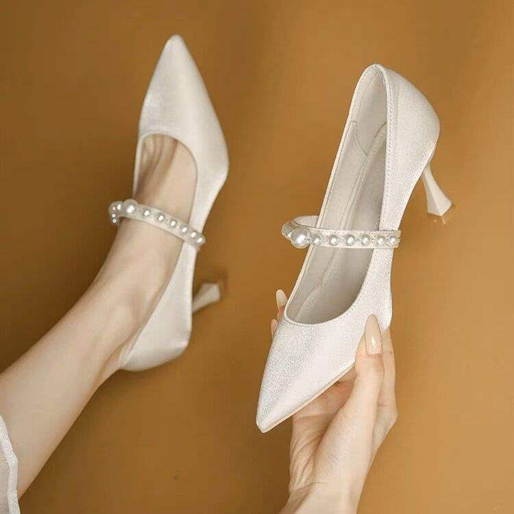 High heels women's 2025 new beige pointed Mary Jane small heels single shoes French bride shoes bridesmaid wedding shoes