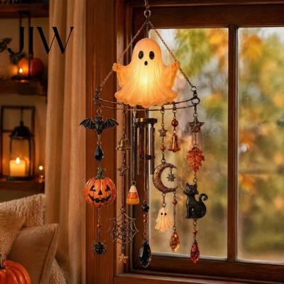 Outdoor Garden Decoration Halloween Luminous Ghost Wind Chime, Glow-in-The-Dark Hanging Ornament with Pumpkin Bat Weatherproof Metal Pendant