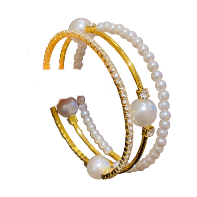 Vintage Multi-Layer Pearl & Diamond Bangle Bracelet for Women - High-End Court Style Jewelry with Light Luxury Appeal