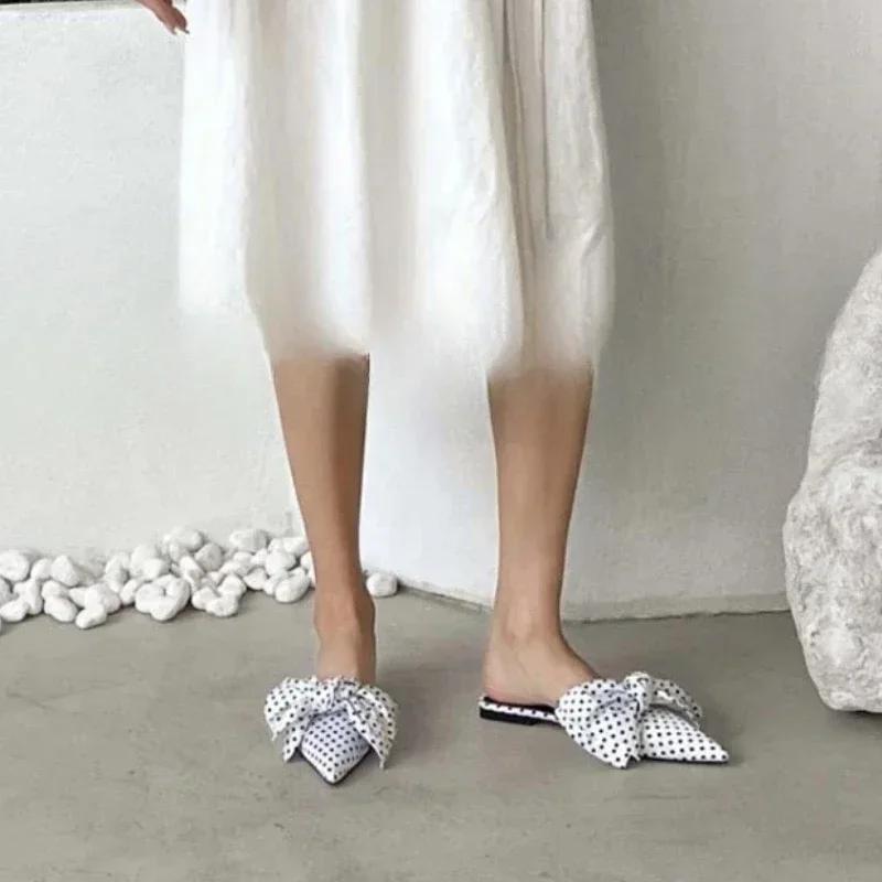 Módní oversize Boty s motýlkem Mule Ženy Módní Nazouvací sandály se špičatým pruhem Vlna Dámské Luxusní Saténové Hedvábné Outdoorové ploché pantofle