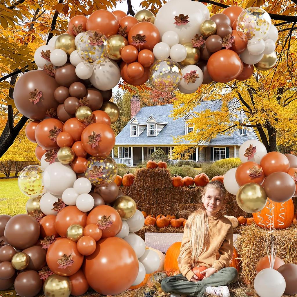 215pcs Fall Balloon Arch Kit with Burnt Orange Coffee Brown Sand White Balloons Maple Leaves for Fall Thanksgiving Autumn Harvest Birthday Party