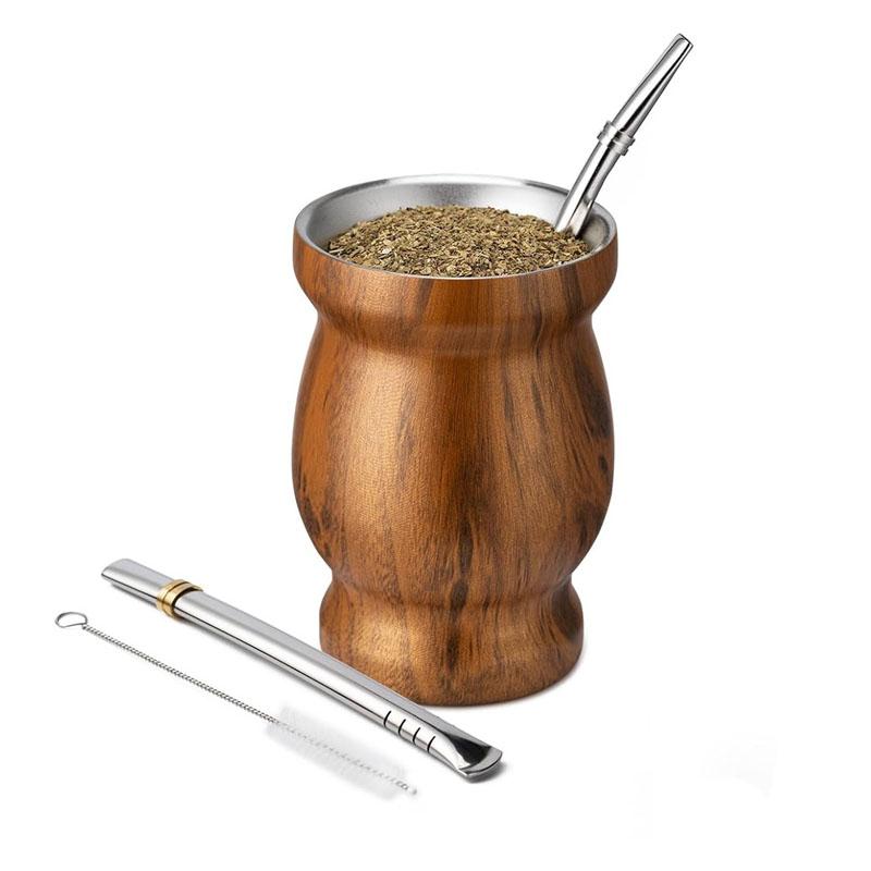 Yerba Mate Gourd and Bombilla Set 4pcs Stainless Steel Double Wall Mate Cup With Yerba Mate Straws Bombillas and Cleaning Brush