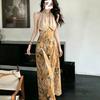 Retro smudge oil floral neck dress summer mesh V-neck waist pendulum long dress seaside vacation looking thin