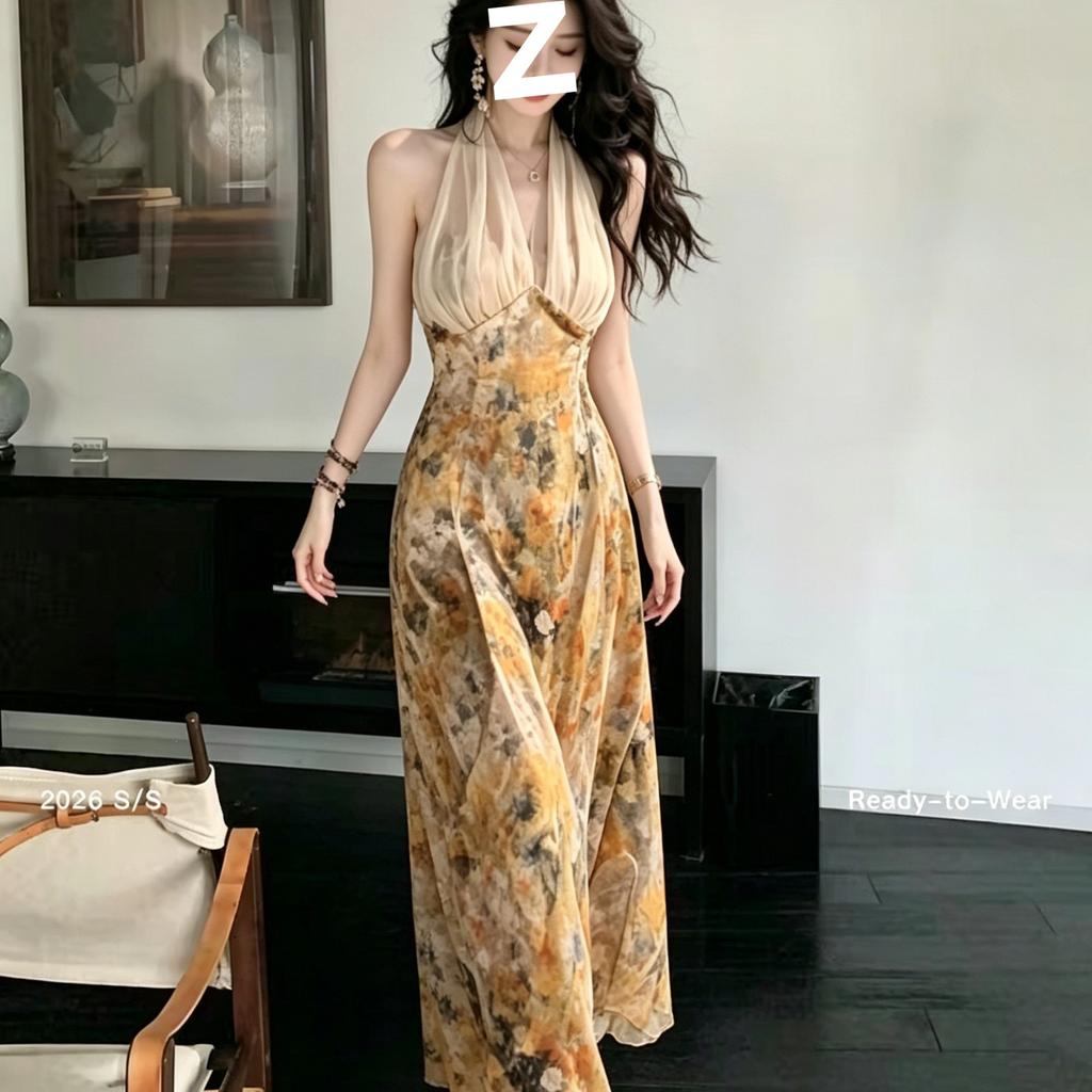 Retro smudge oil floral neck dress summer mesh V-neck waist pendulum long dress seaside vacation looking thin