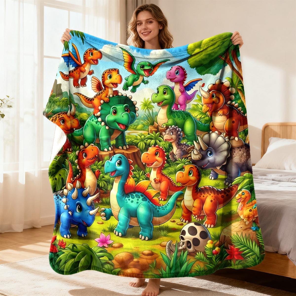 Cute Dinosaurs Jungle Print Flannel Blanket, Trendy Comfortable Nap Throw for Study Birthday Gift Size: 180*280cm, Weight: 280 GSM