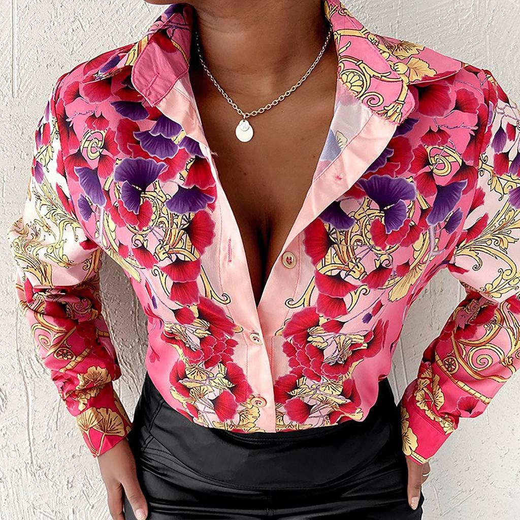 Women Summer Fashion Casual Long Sleeve Lapel Panel Cardigan Button Tops