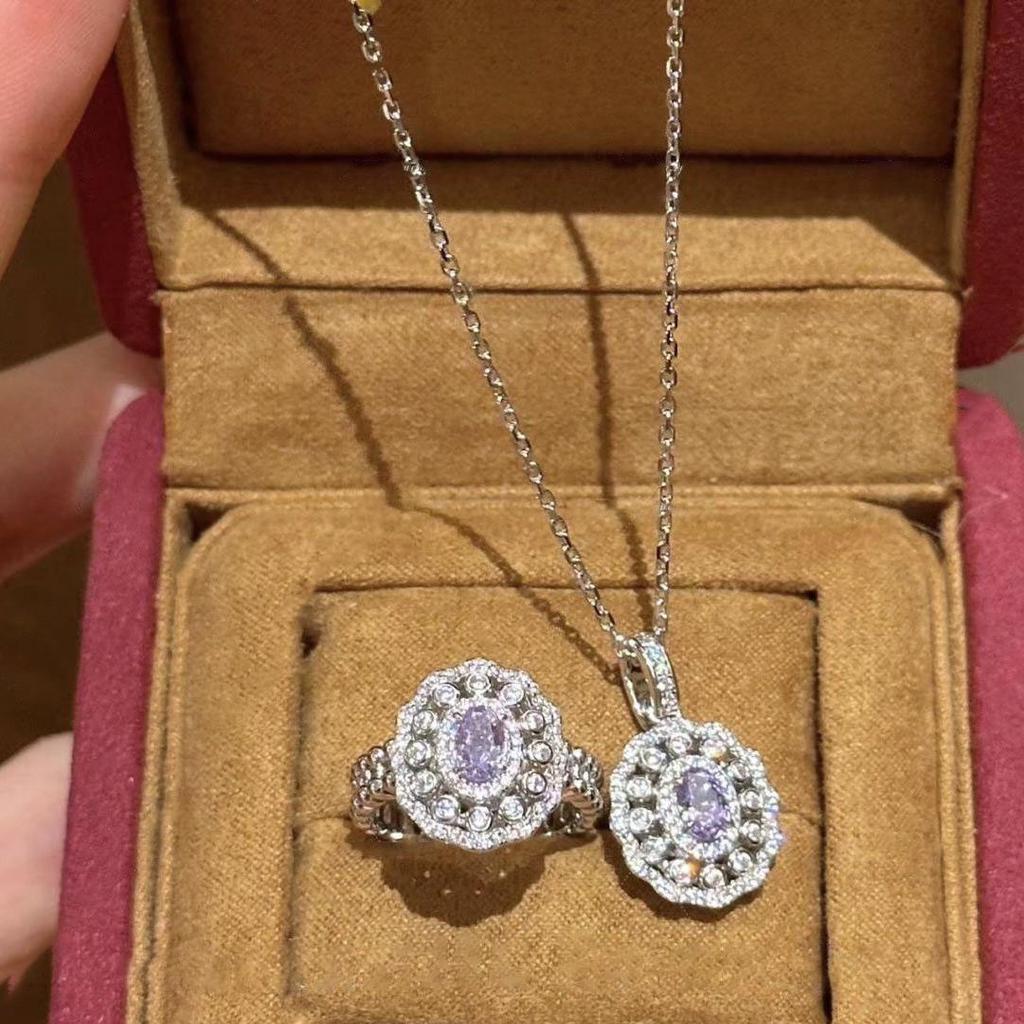 Retro Court Style Purple Diamond Ring Necklace & Earrings Set