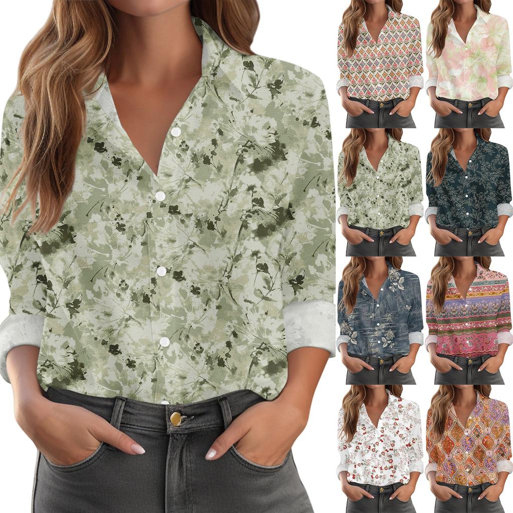 Camicia da Donna con Bottoni a Stampa Floreale, Camicette Casual Regolari a Maniche Lunghe, Top Basic Casual Plus Size
